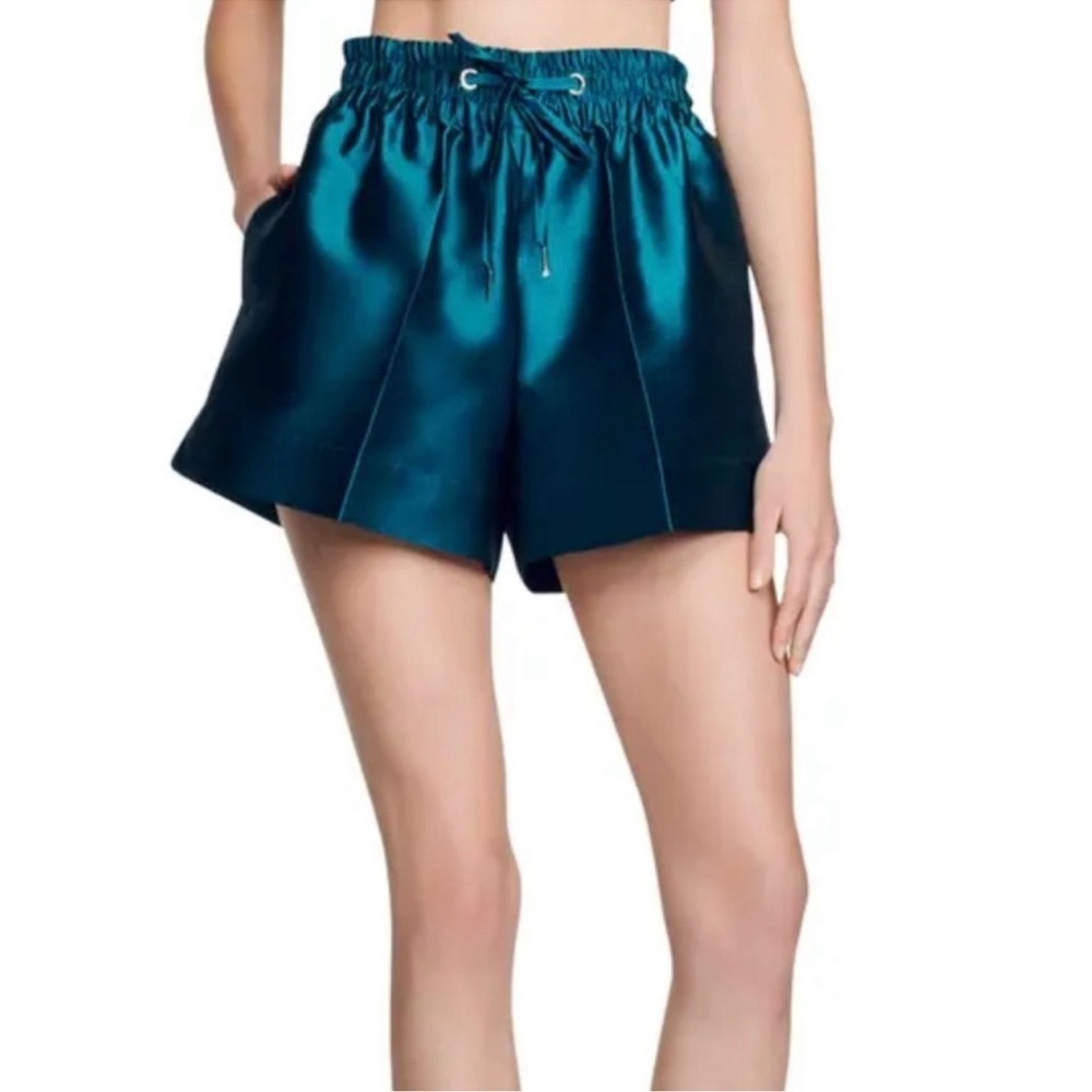 NWT Sandro Hoki Satin Silk Blend Teal Wide Leg High Waist Shorts size Small 36 - Picture 2 of 10